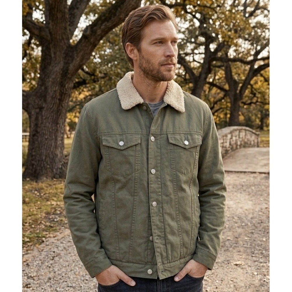 Rails McKinley Trucker Jacket‎ Mens Large Olive Green Sherpa Collar Cotton